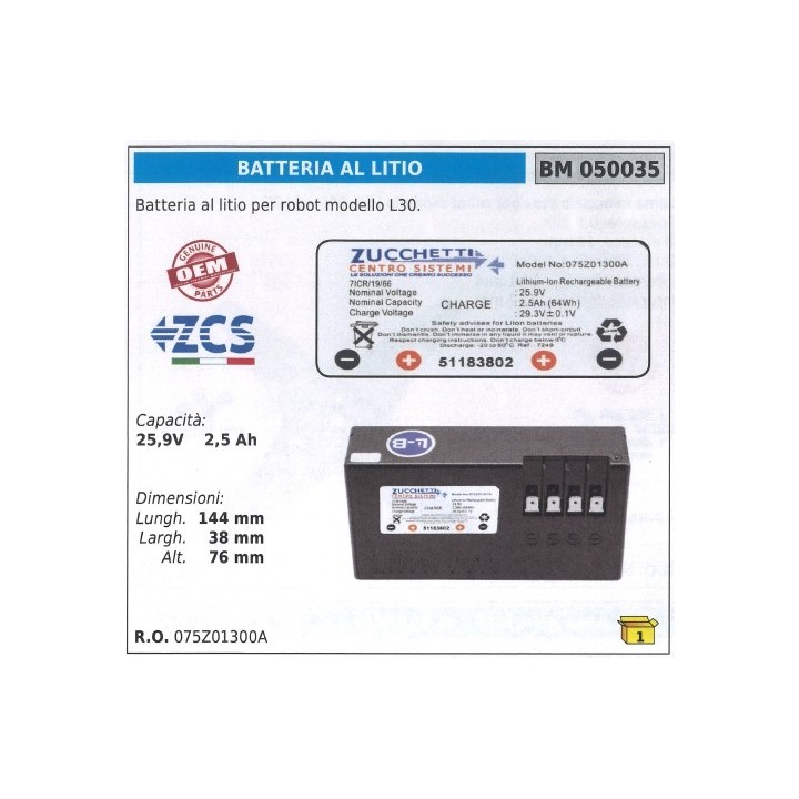 Batteria al litio per robot L30 ZUCCHETTI 25.2 V 2.5 Ah 050035 075Z01300A | Newgardenmac.com
