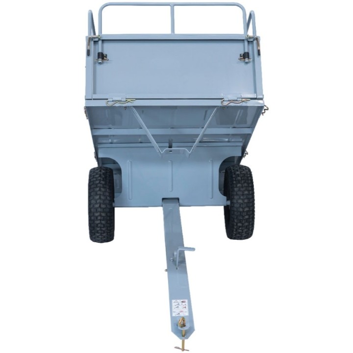 Remolque basculante metálico para tractor cortacésped, incluye laterales. | Newgardenmac.com