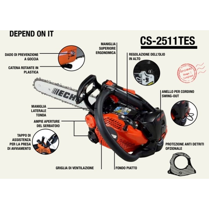 Motosierra de gasolina ECHO CS-2511TES de 25 cc, con barra de 25,4 cm de longitud. | Newgardenmac.com
