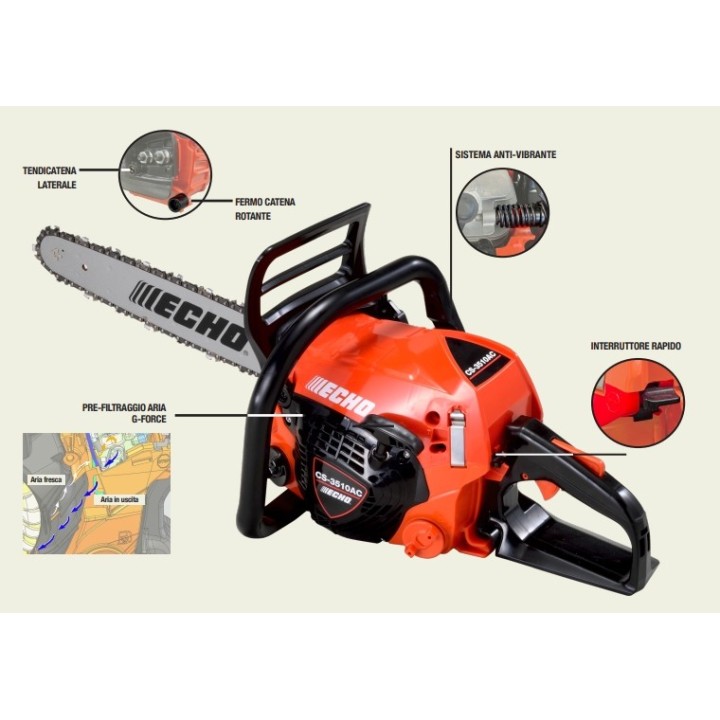 Motosierra de gasolina ECHO CS-3510ES de 34,4 cc con arranque eléctrico y barra de 35,5 cm de longitud. | Newgardenmac.com