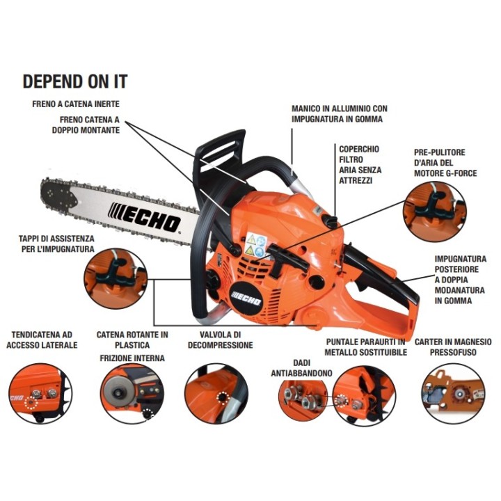 Motosierra profesional de gasolina ECHO CS-501SX de 50,2 cc, con barra de 45,7 cm de longitud. | Newgardenmac.com