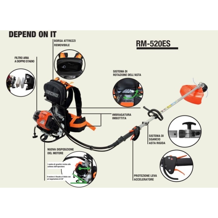 ECHO RM-520ES petrol backpack brush cutter 50.2cc 2.16kW shaft diameter 28mm | Newgardenmac.com